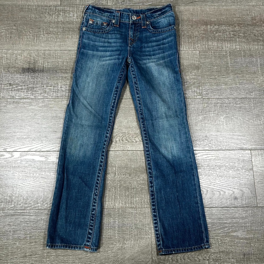 True Religion Boys Straight Leg Jeans Size 12 Ash Blue Denim Contrast Stitching